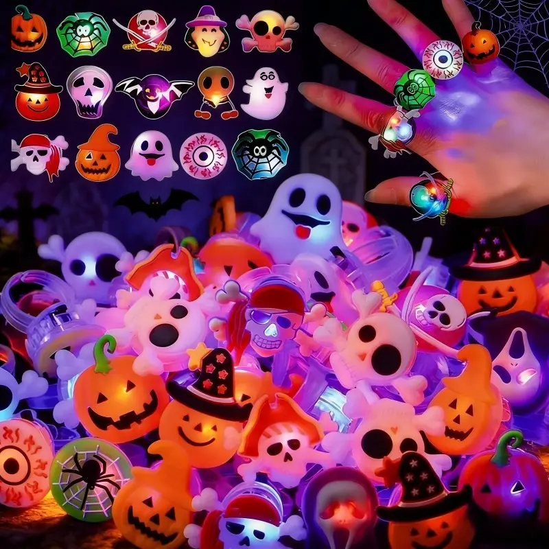 Random Assortment of 50 Halloween Rings — LED Light-Up Flashing Finger Rings, Small Party Favors for Adults