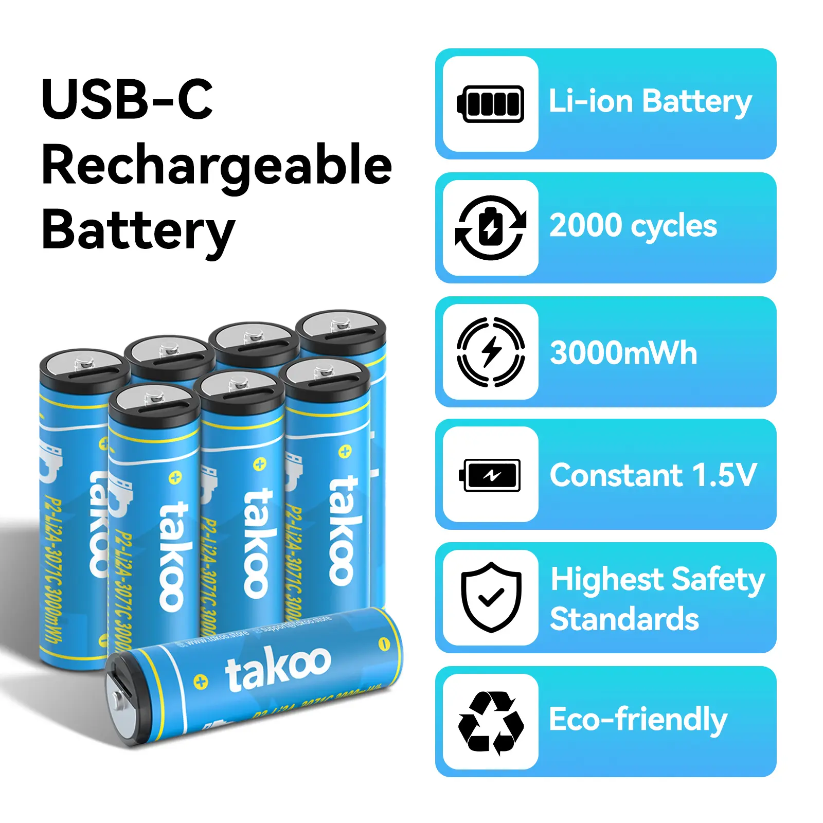TAKOO USB-C Rechargeable AA AAA Lithium Batteries 1.5V, 4/8 Pack 3000mWh Double A Triple A Battery, 1.5H Fast Charge, 2000+ Cycles, Compatible with Blink Outdoor Cameras & Xbox Controllers