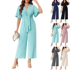 ��US Shipping��Women��s V-Neck Jumpsuit �C Elegant Short Sleeve Wide Leg Romper, Dressy Casual One Piece Outfit for Summer