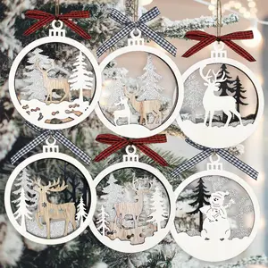 6pcs Christmas Farmhouse Rustic Ornaments Set for Tree Decorations - Reindeer Wood & 3D Glitter Pack Wooden Shiny Light