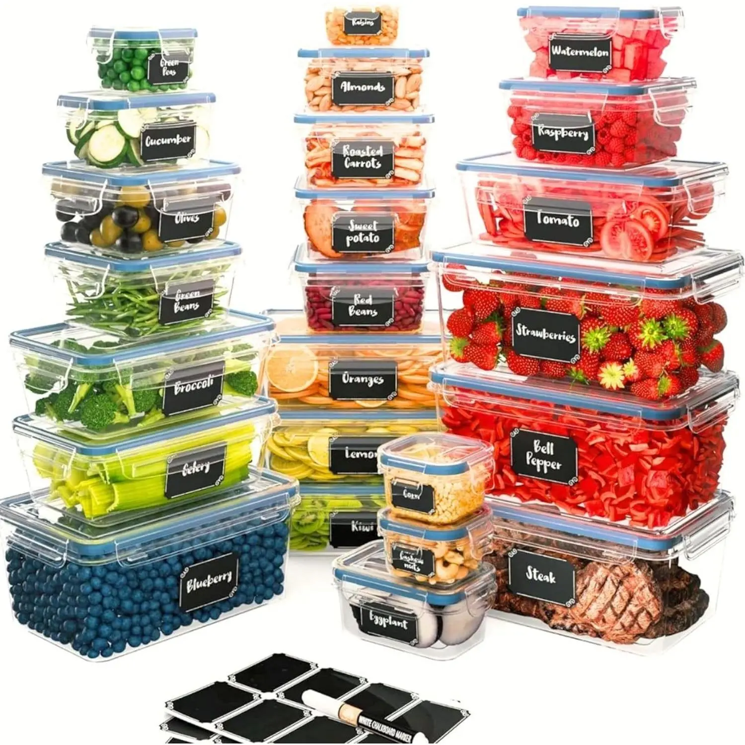 48-Piece Airtight Food Containers Set with Easy-Snap Leak-Proof Lids, Plastic Kitchen Preserving Boxes for Pantry Organization, Camping Food, Fridge Organization (Includes Labels & Markers)