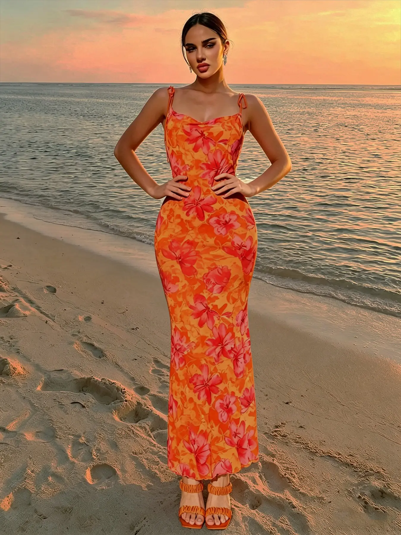 Women's Orange-Red Floral Tie Backless Mesh Mermaid Maxi Cami Dress.Y2K, Vacation Style, Seductive Hot Girl Style, French Retro Style.Ideal for dates, parties, gatherings and other occasions