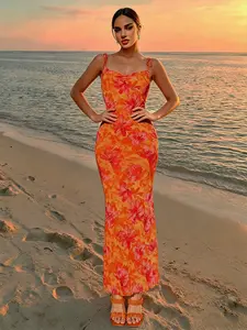 Women's Orange-Red Floral Tie Backless Mesh Mermaid Maxi Cami Dress.Y2K, Vacation Style, Seductive Hot Girl Style, French Retro Style.Ideal for dates, parties, gatherings and other occasions