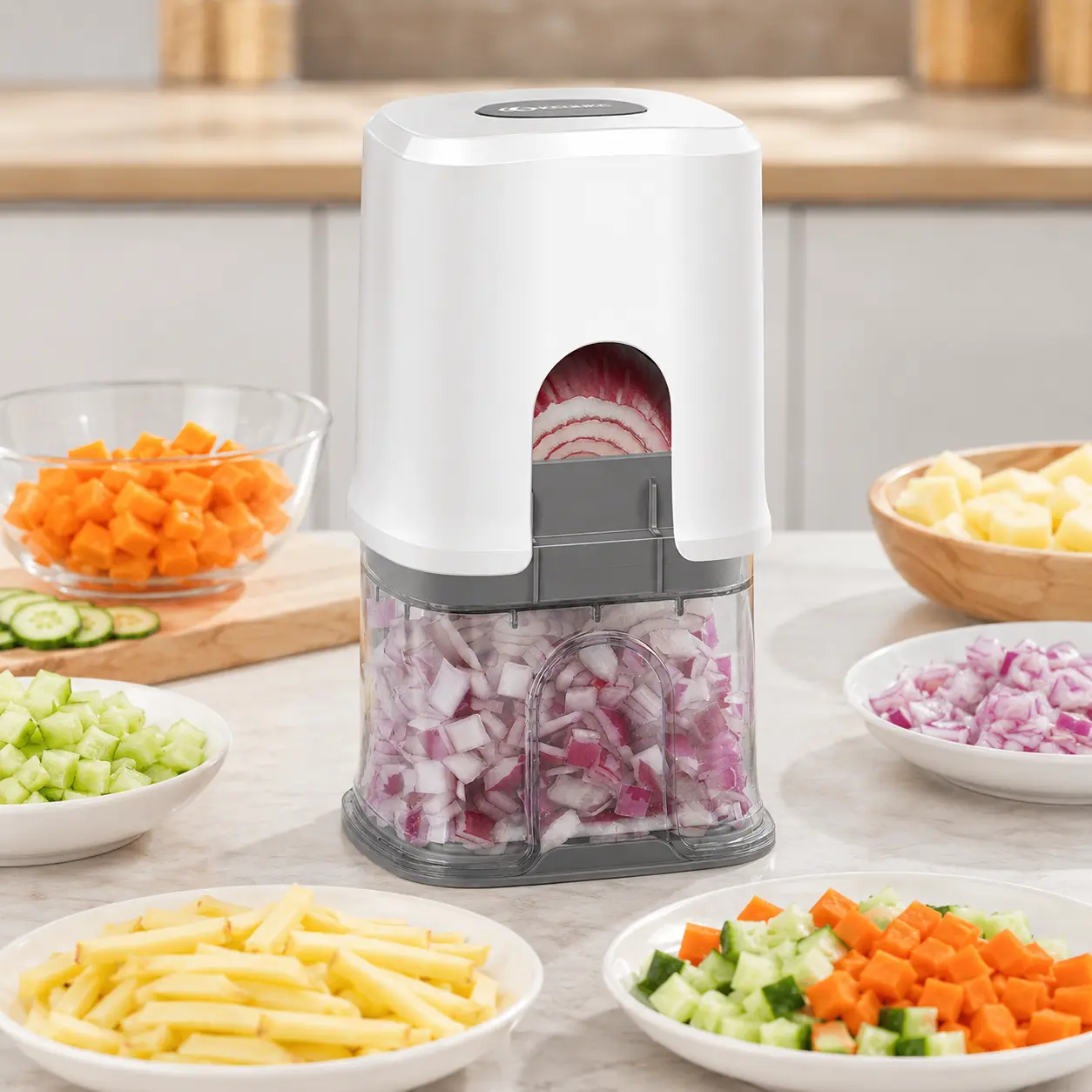 KEOUKE Vegetable Chopper - 3 Interchangeable Blades, Multi-Functional Manual Kitchen Utensil with Container & Storage Box, Home Cutting Onion Dicer, Potato French Fry Cutter for Cucumber, Tomato,summerwins