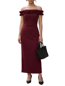 Women's Slim Fit Summer One-Shoulder Ruffle Back Split Party Dress, Solid Color Long Dress, Perfect for Gatherings and Events