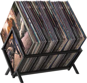 Vinyl Record Storage Holder - 80-100 LP Vinyl Organizer, Metal Record Display Rack, Quick Assembly Album Storage for Books, Black