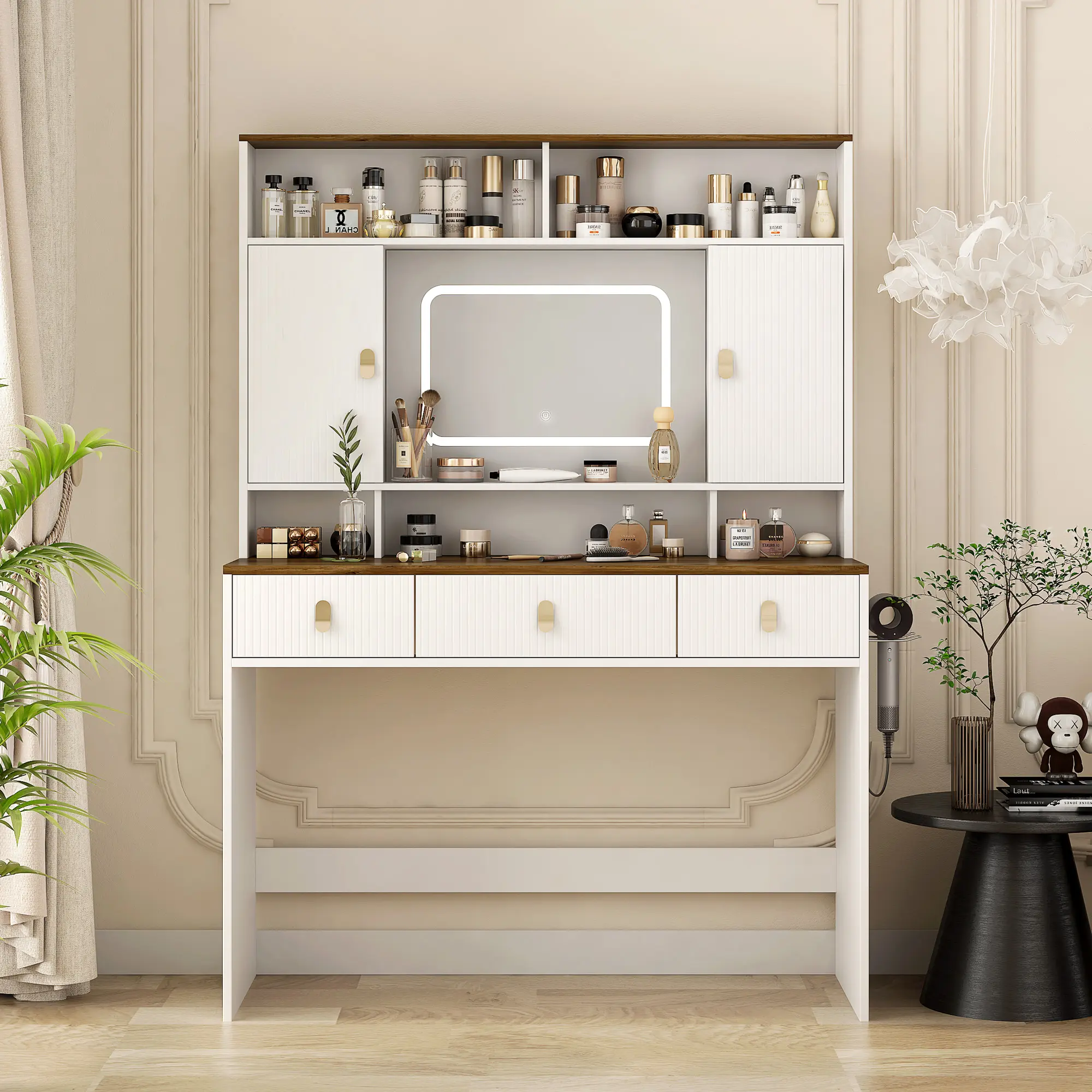43-Inch White Farmhouse Vanity Table with Lighted Mirror, 3 Drawers, and Hair Dryer Holder, Engineered Wood