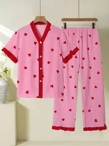 Women's Cute Pajama Sleepwear Set, Heart Pattern V Neck Button Short Sleeve Top & Pants, Lightweight Polyester Loungewear Homewear