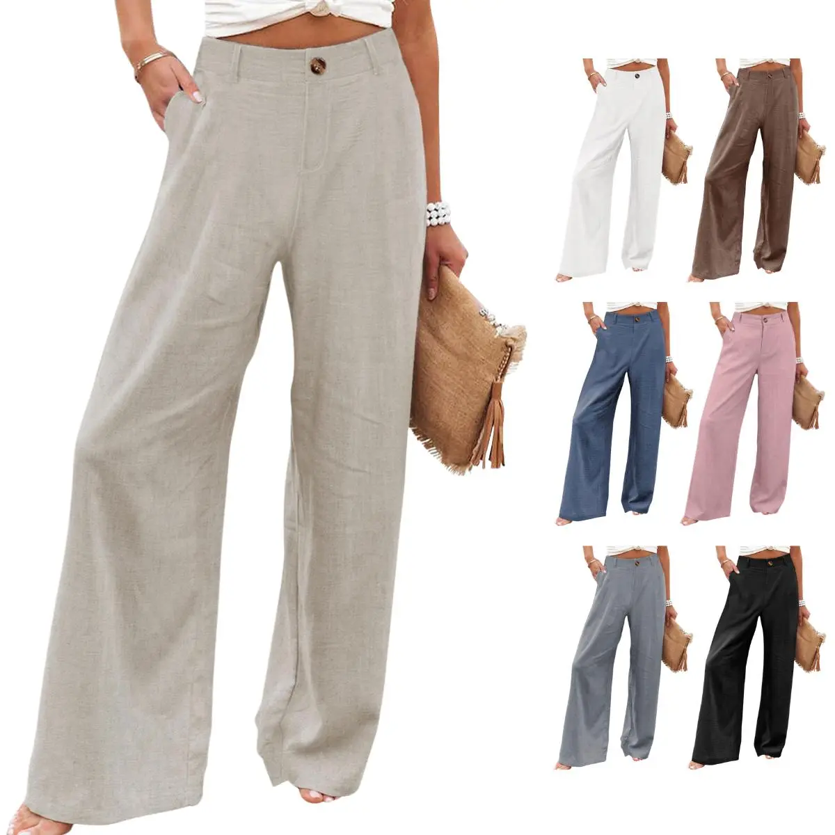 SCUSTY Women's Cotton Linen Wide Leg Pants Casual Button Up High Waisted Loose Comfy Spring Summer Bohemian Minimalist Bottoms, Trendy Chic Relax Fit Beach Vacation Daily Wear Trousers With Practical Side Pockets