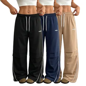 Women’s 3-Pack Spring/Summer Breathable Lightweight Polyester Sweatpants, Baggy Loose Sports Pants, Elastic Waist, Printed Design, Striped Casual Lounge Pants
