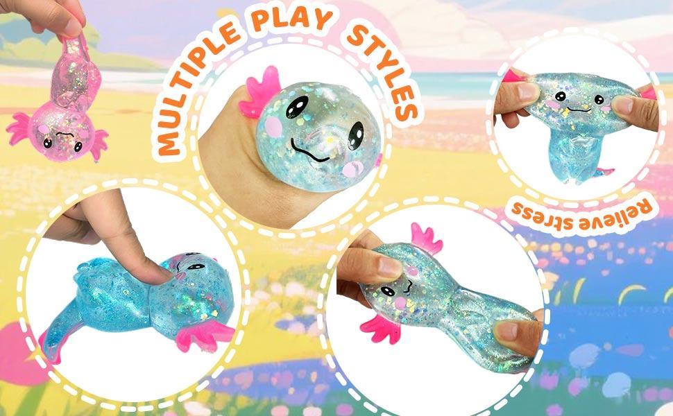 Axolotl Squishy Stress Relief Toy Glitter Fidget Toys Cute Malt Sugar Axolotl Toy Fidget Toys for Kids Youth Adult, Party Favors Anxiety Relief Squishy Toys(Blue)