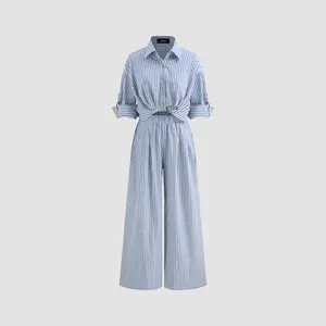Cider [6 colors, size 0-26] Cotton-blend Collar Solid Striped Knotted Roll-up Sleeve Jumpsuit