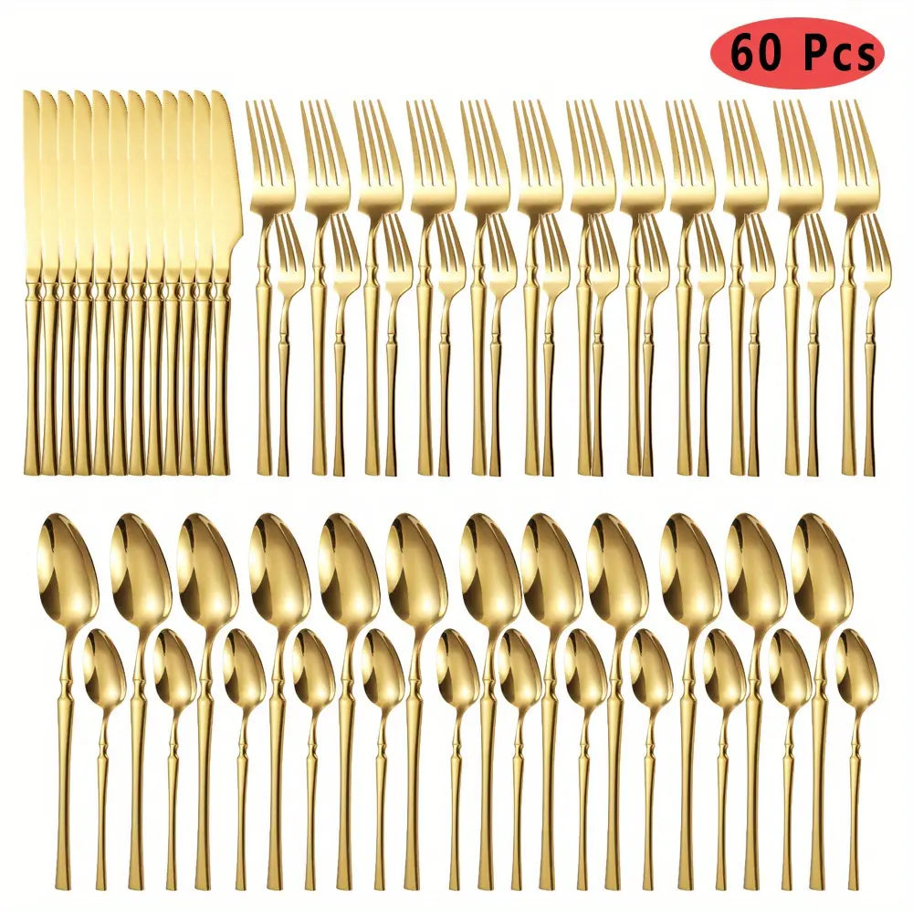60pcs Stainless Steel Cutlery Set, Cutlery Set, 12 Serves Cutlery Set, Modern Elegant Cutlery Set For Party, Christmas, Dinner Tableware, Weddings Restaurants Golden silverware, Dinnerware Service Set, Flatware Set, Dishwasher Safe
