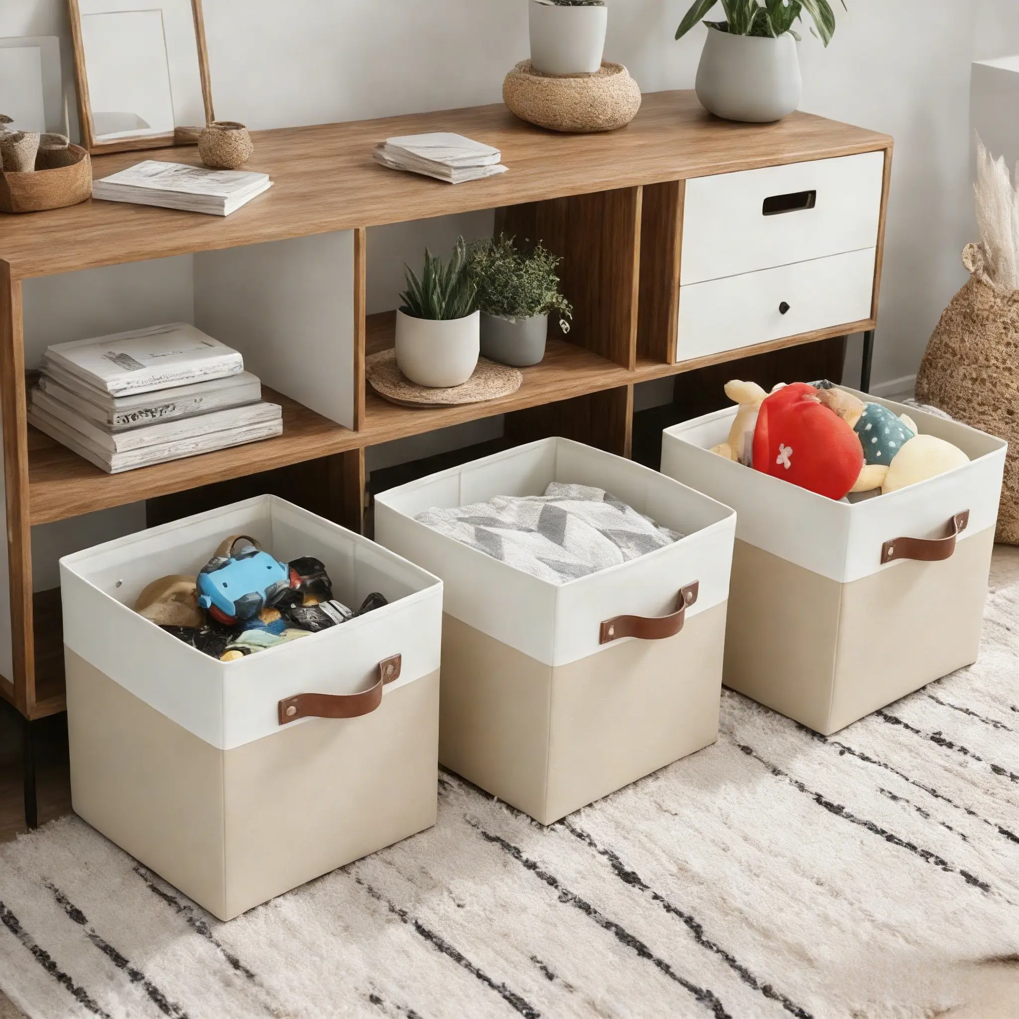 Fabric Storage Cubes Set of 3 for Home, Large Foldable Storage Bins with Leather Handles, Beige & White, for Clothing and Toy Organization (13" x 15" x 13")