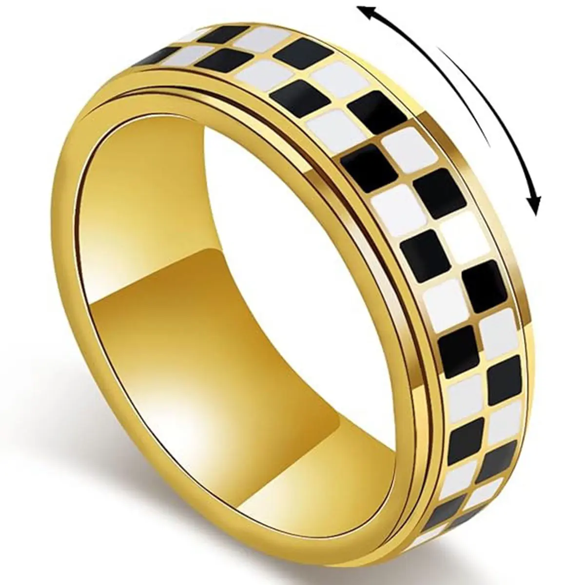 Unisex 6mm Stainless Steel Checkerboard Fidget Ring - Nickel-Lead-Free, Anxiety-Relieving, Rotatable Minimalist Gold-Plated Round Band for Casual All-Day Wear