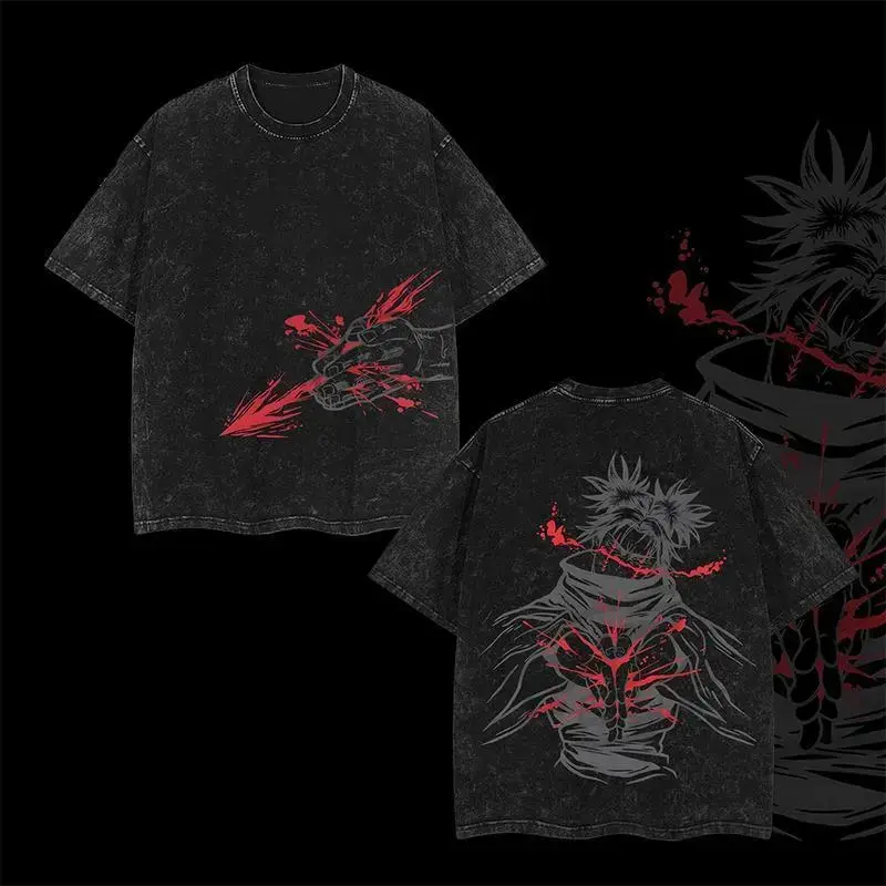 Men's Casual Fit Tshirt, Jujutsu Kaisen Choso Graphic, Vintage Washed Heavy Cotton Streetwear, Round Neck Shortsleeve Cartoon Art Tee, Basic, Machine Wash