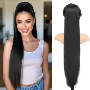 Ponytail Extensions Drawstring Long Straight Fake Ponytail Natural Soft Clip in Hair Extension Synthetic Heat Resistant Hairpiece 32 Inch Black For Women