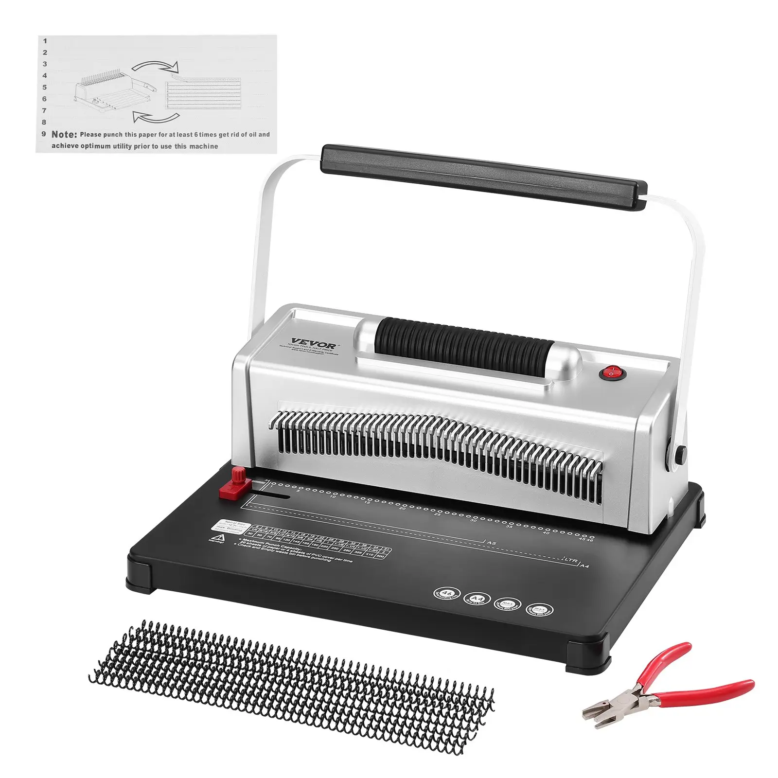 【Summerfinds】VEVOR Manual Coil Spiral Binding Machine - 46-Hole Punch Binder with Adjustable Guides, Cast Iron Base, Detachable Pins, 100pcs 5/16in Coil Spines, 500-Sheet Capacity, Letter/A4/A5 Compatible, for Office, Schools, Debris Tray, Durability,
