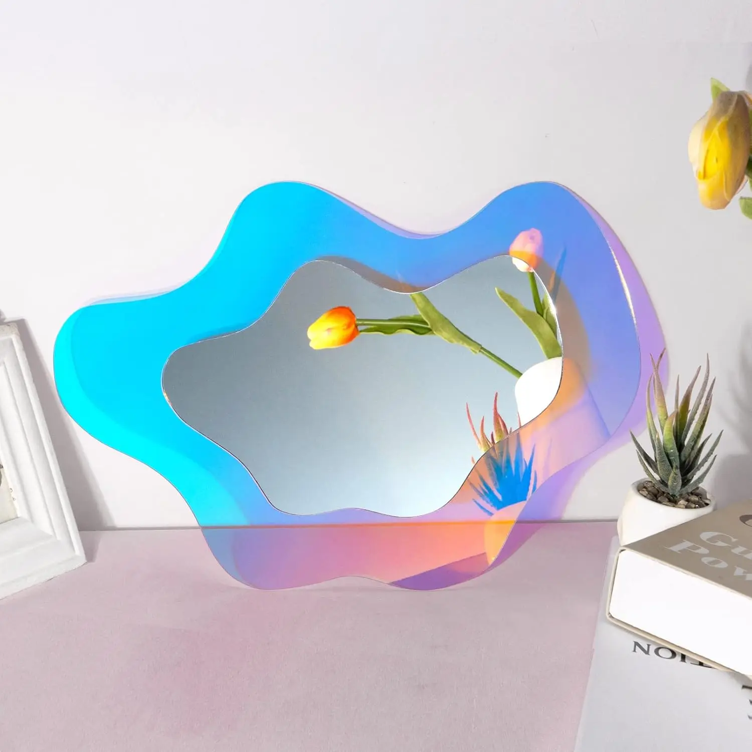 Irregular Wall Mirror Wavy Acrylic Rainbow Mirror Room Decor Aesthetic Mirror Amorphic Vanity Retro Mirror for Bedroom Living Room Bathroom Entryway Wall Decor ( Clouds Style, 15.5 x 10.5 Inch )