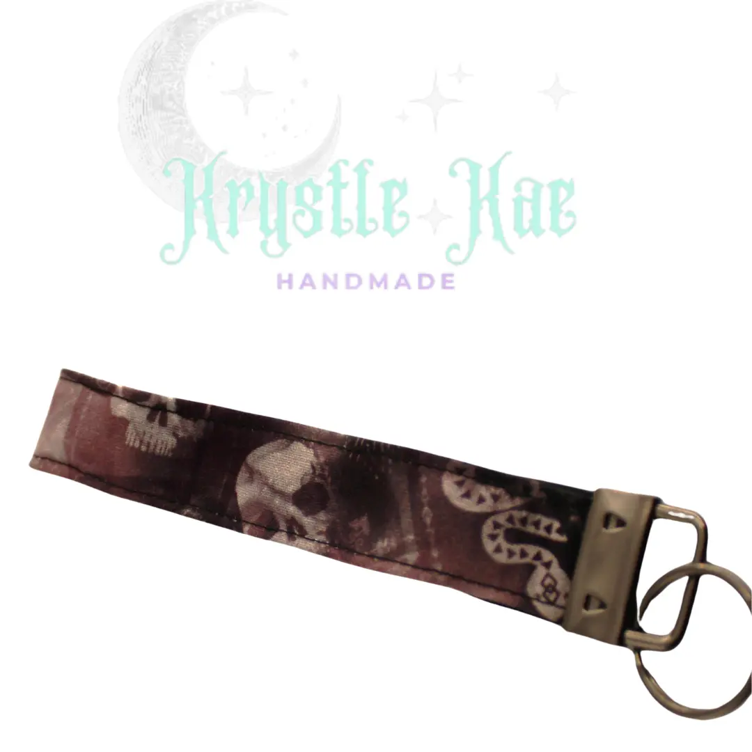 Fabric Goth Keychain Wristlet with Skull Pattern, Handmade Key Fob Accessory for Casual Daily and Halloween Use, 5 Inches Long, Casual Wear, Graphic