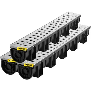 VEVOR Trench Drain System,  Channel Drain with Metal Grate, 5.9x5.1-Inch HDPE Drainage Trench, Black Plastic Garage Floor Drain, 3x39 Trench Drain Grate, with 3 End Caps, for Garden, Driveway-3 Pack