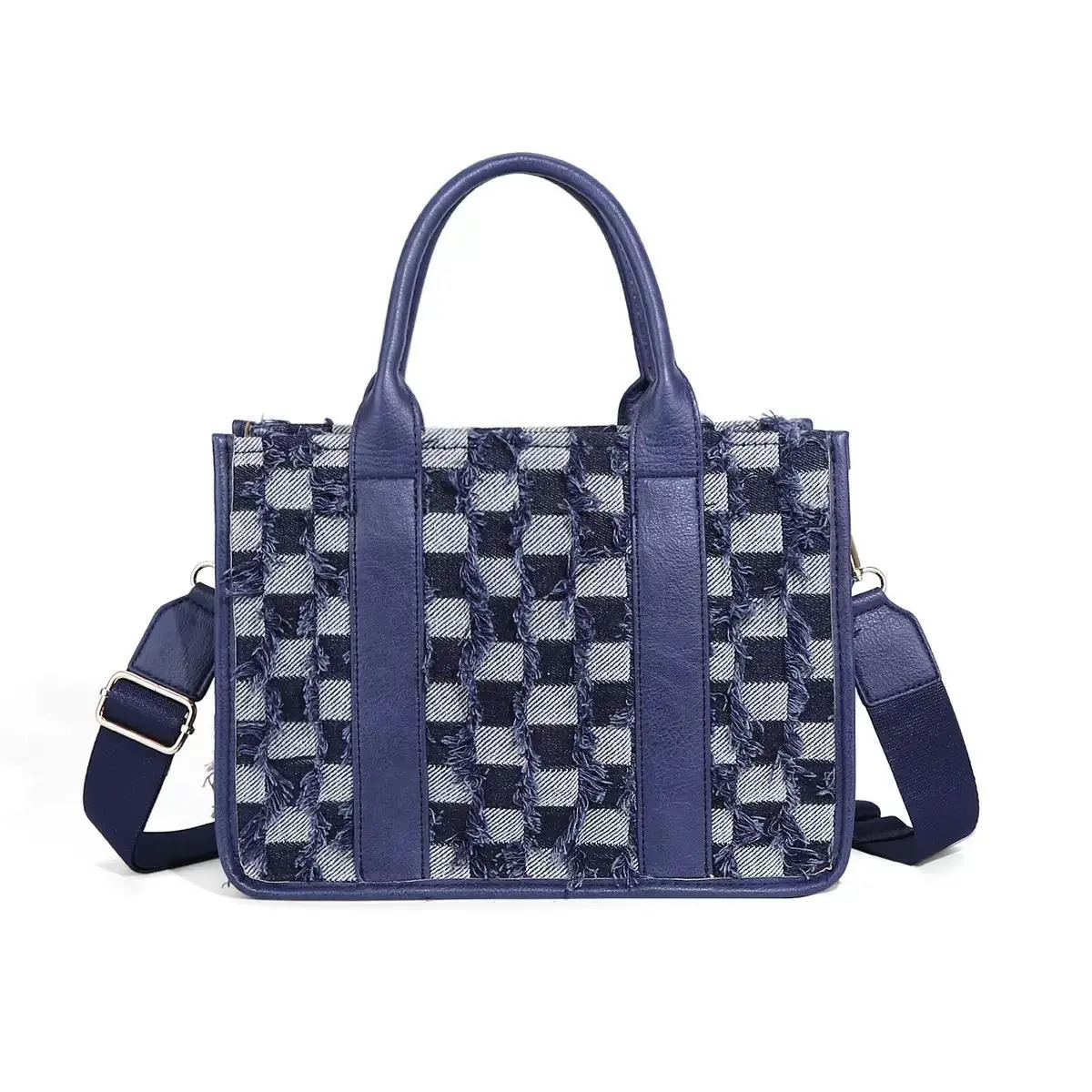 [CC SHOP]Women Small Canvas Tote Handbag, Fringe Plaid Checkered Crossbody Bag, Casual Top Handle Satchel Purse with Adjustable Wide Shoulder Strap for Daily Travel Work
