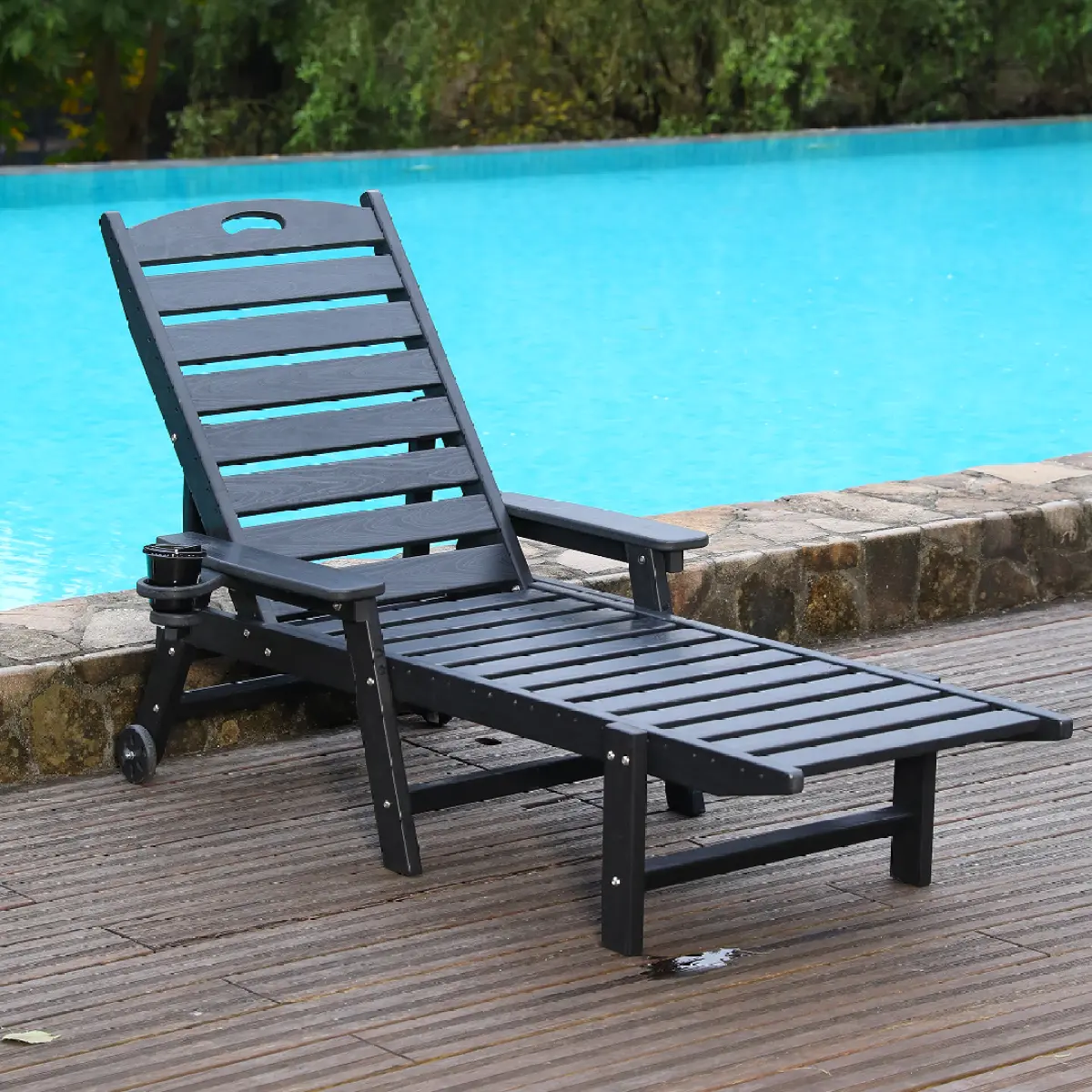 [Fahuac] Modern Rectangle HDPE Plastic Sturdy Waterproof Heavy Duty Large Outdoor Relaxing Reclining Sunlounger Chair - 4-Position Adjustable Backrest, Built-In Cup Holder, Wheels, 43.3x19.7x33.5 inches, 360lbs Capacity, Self-Assembled, Ideal for Deck, As
