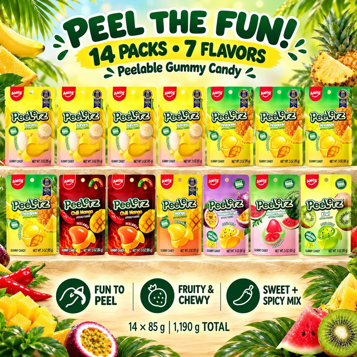 AMOS Peelerz Gummy Candy Variety Pack, 14 Bags of Peelable Gummies, 7 Flavors Including Banana, Pineapple and Chili Mango, Soft and Chewy Candies, 85g Each