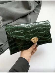 Fashion Colorful Minimalist Women Elegant Embellished Clutch Envelope Bag Metal Crocodile Embossed Sequins Nightclub Party Bridal Wedding Green Handbag Trendy Minimalist Purse