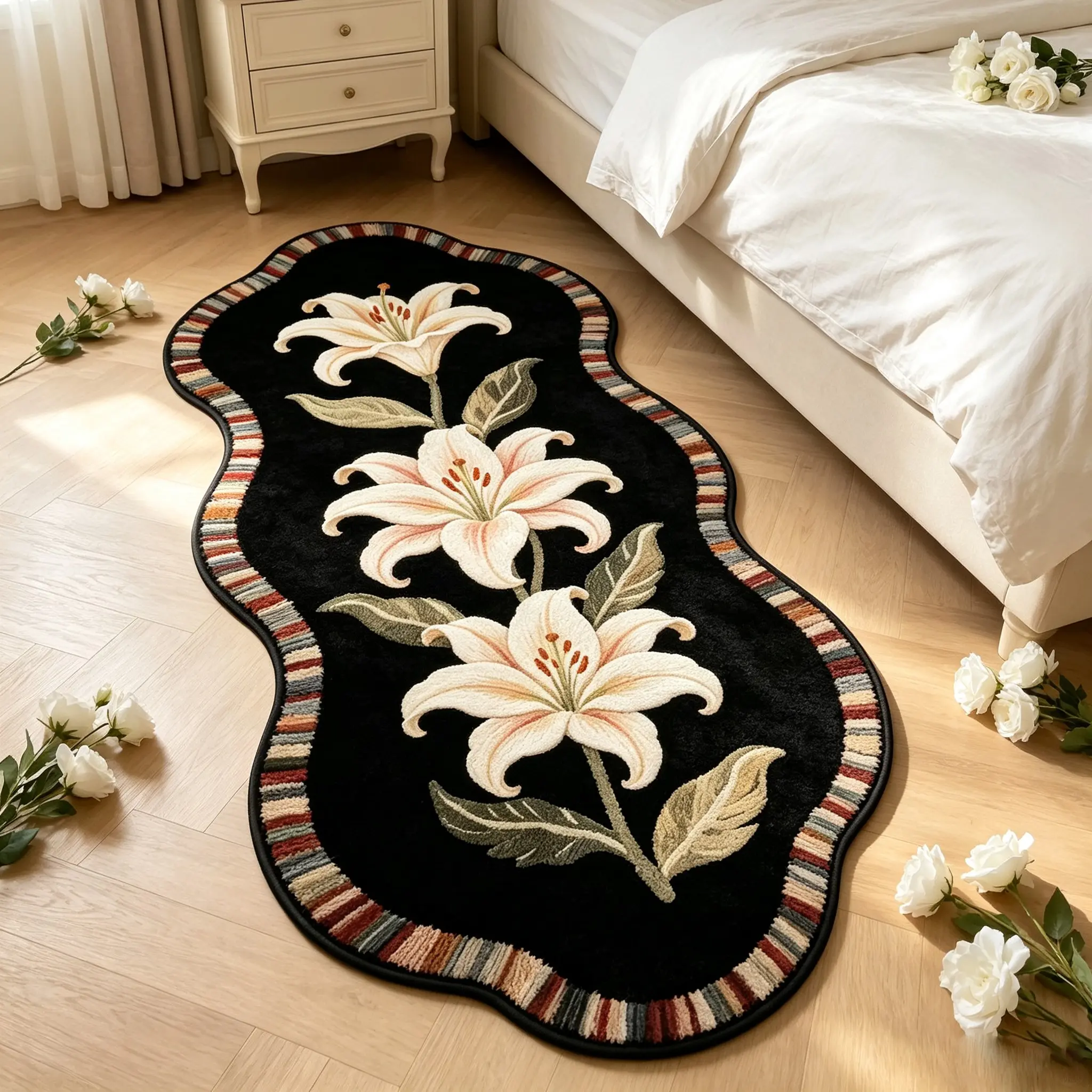 Vintage French Floral Rug, Asymmetric Shape, Lily Pattern, Soft Comfortable Mat, Hand Wash Only, Ideal for Living Room, Bedroom, Kitchen, Cozy Area Rug, Decorative Rug Mat, Floor Rug