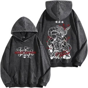 Mahoraga Washed Hoodie – JJK Anime Vintage Washed & Acid Wash Heavy Cotton Oversized Graphic T-Shirt & Hoodie, Double Printed Dark Fantasy Anime Manga Streetwear, Retro Unisex Soft Cotton Apparel, Gift for Jujutsu Kaisen Fans