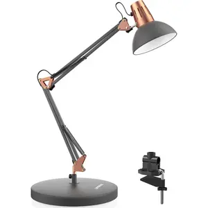 Metal Desk Lamp, Adjustable Goose  Architect Table Lamp with On/Off , Swing Arm Desk Lamp with Clamp, Eye-Caring Reading Lamp for Bedroom, Study Room &Office (Sandy Black)