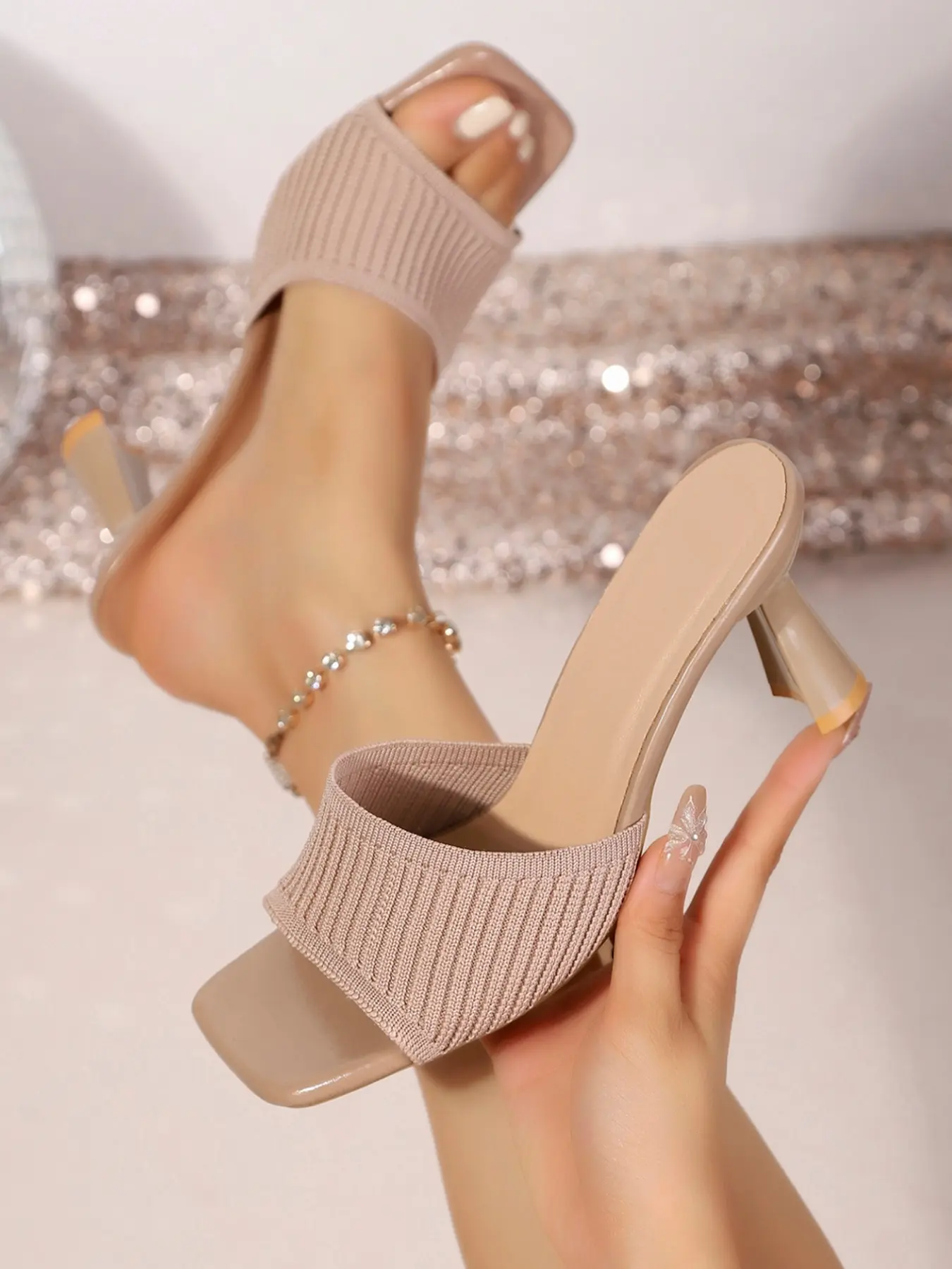 Women's High Heel Sandals, Sexy Pointed Toe Knitted Net Mesh Slippers, Party Fashion Versatile Slip-On Rubber Shoes, Elegant Fashionable Sandals, Footwear, Evening Footwear, Date Night Footwear, Holiday Sandals, Fashionable Heeled Sandals