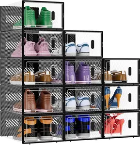 12 Pack Stackable Shoe Storage Boxes Fit Size 9, Thickened Clear Shoe Box Bins with Lids, Plastic Foldable Organizer Sneaker Storage Containers (Large, Black)