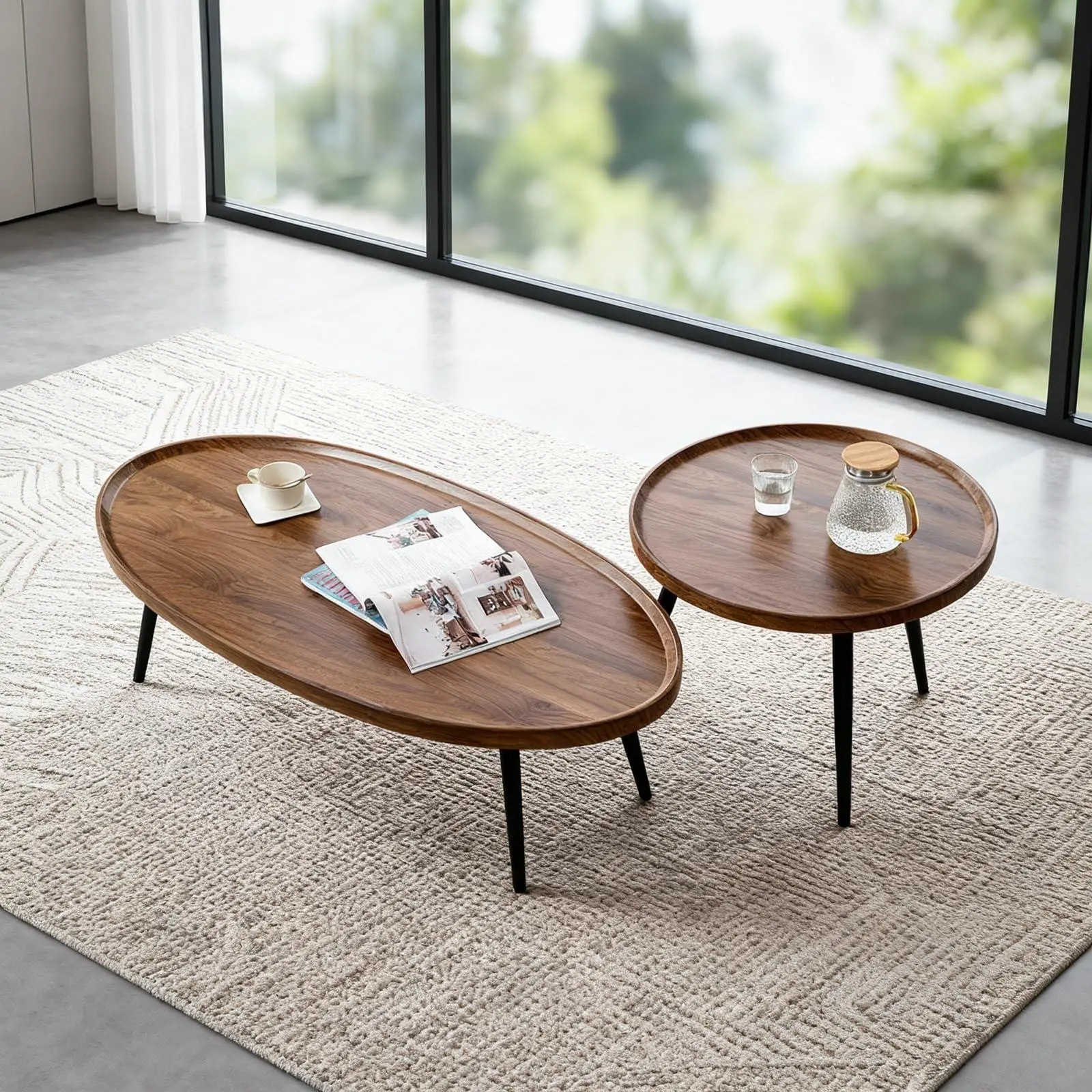 Modern Nesting Side Table Set of 2, Walnut Coffee Tables for Living Room, Mid Century Modern Nesting Side Tables for Living Room Farmhouse End Table for Small Spaces Sofa Bedside Balcony Walnut