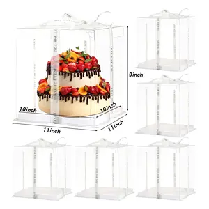 8 inch Large Transparent cake Box,6 Pcs clear cake Box, tall cake boxes with Ribbon,10x10x9inch - Suitable for packing 8" or 10" cakes,Double layer cake box,Clear Gift Display Box for Carry Tall Layer Gift-6Pcs-Clear Lid