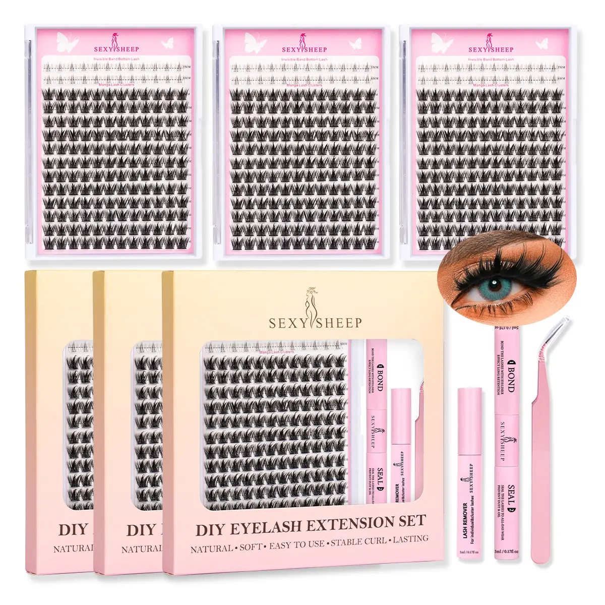 Manga C Curl Wet Look Eyelashes Extension Kit, Eyelash Clusters with Bond and Seal & Tweezers & Remover, Eye Makeup Enhancement Tool for Women, Makeup Tool Set, Eyelash Tools, Eyelashes Clusters wholesale, DIY Eyelash Cluster, Eyelash Extensions