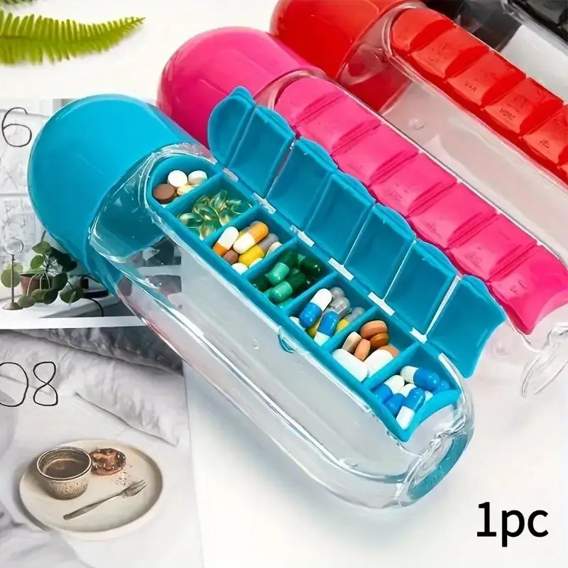 Pill Organizer 2-in-1 Portable Water Bottle & Pill Organizer, 1pc Clear PPSU Plastic with Colorful Lids, 7-Day Compartment for Outdoor Adventures, Travel, Daily Medication Storage, Supplement Organizer, Vitamin Organizer, Vitamin Dispenser