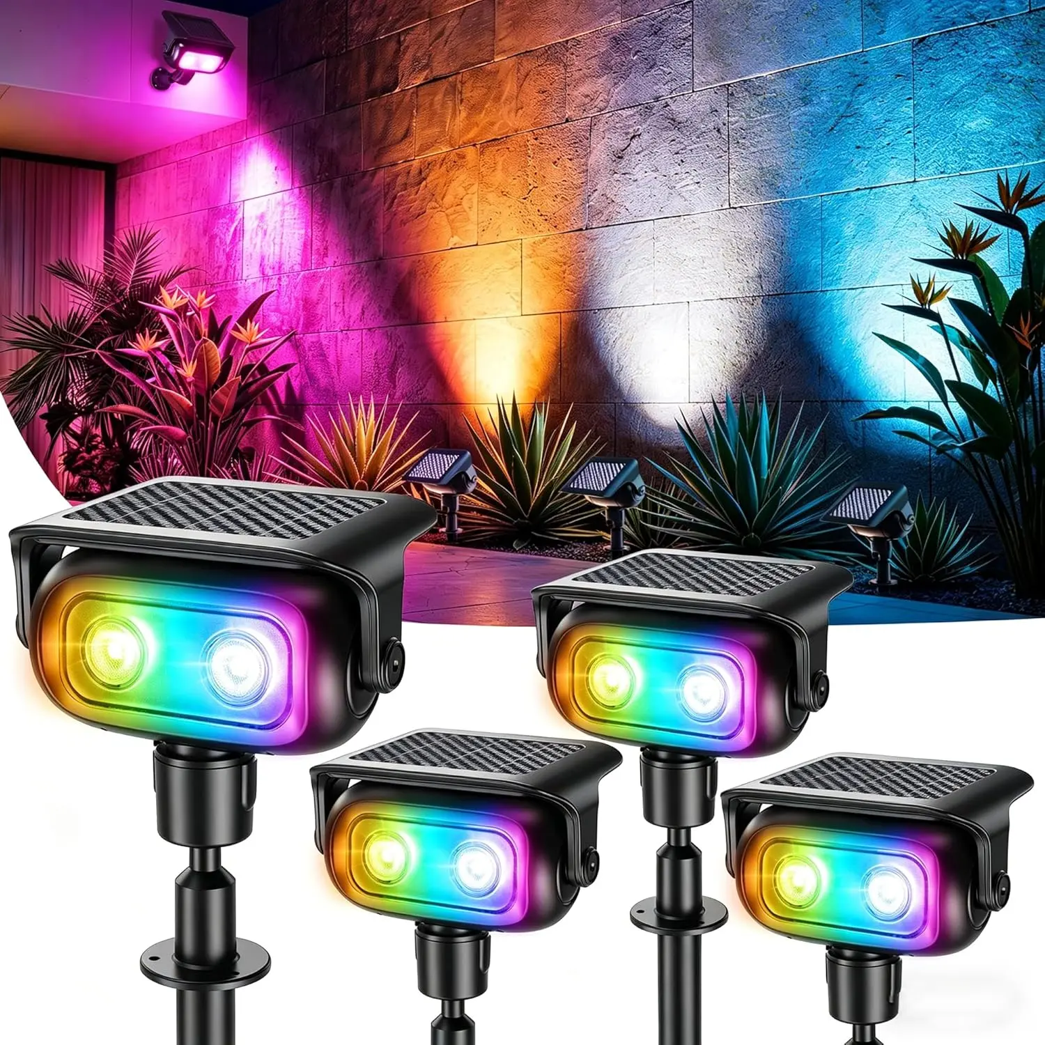 Brizled 4 Pack RGB Solar Spot Lights Outdoor, 360° Rotation 11 Modes Color & 9 Color Changing Spotlights July 4th Outdoor Landscape Lights Solar Spot Landscaping Pathway Lighting for Path Garden Yard