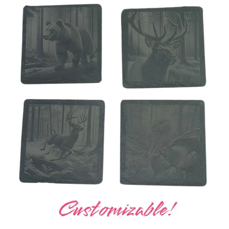 Laser Engraved Set of 4 Square Slate Coasters - Customizable Wildlife Designs Featuring Deer, Turkey, and Bear, Tableware coffee coaster