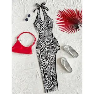 Women's Vacation Black And White Zebra Print Asymmetrical Hem Halter Bowknot Tight Fit Midi Dress, Uneven Hem Slit Long Dress, Fashionable For Party, Music Festival Fabric Formal Sleeve Womenswear Day Stripe Striped