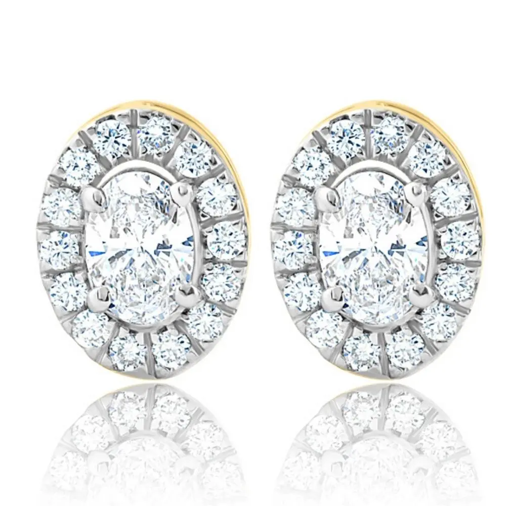 3/4Ct Oval Diamond Halo Earrings in White or Yellow Gold Lab Grown