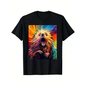 Surreal Horror Screaming Porcupine T-Shirt 100% Cotton Men's Casual T-Shirt Fashion Simple Holiday Anniversary Gift for Friends Couples Family Birthday S-XXXXL Black 200g Fabric Weight Graphic Tees Cotton Menswear Men's T-Shirts Casual Short-Sleeve Fun