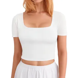 Short Sleeve Square Neck Crop Tops for Women Basic Slim Fit Cropped T-Shirt