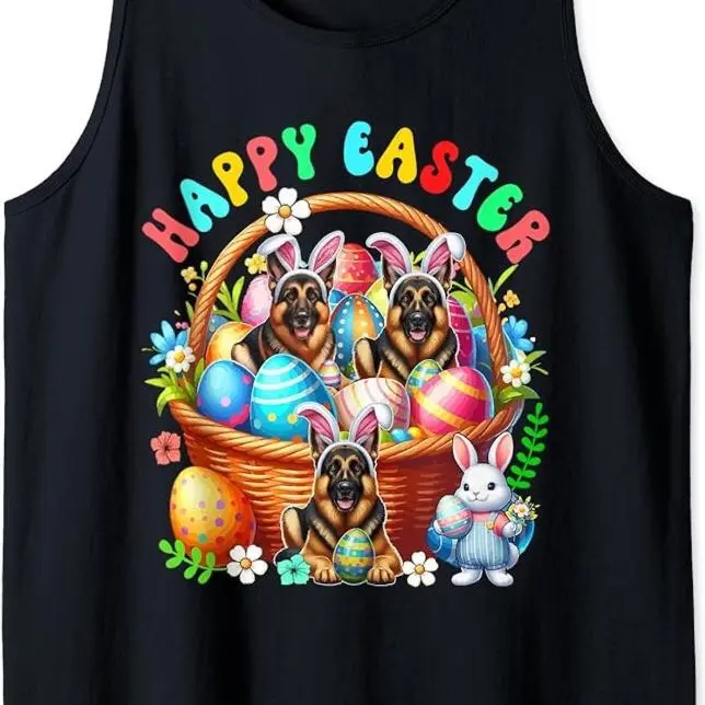 Three Easter Bunny German Shepherds In Eggs Basket Flowers Tank Top