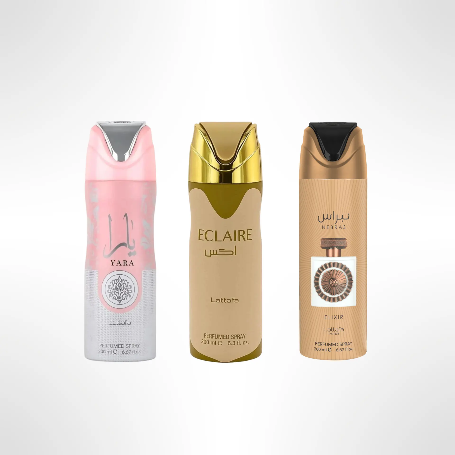 Lattafa Deodorant Bundle – Yara Deo + Eclaire Deo + Nebras Elixir Deo – 3PCS Long-Lasting Body Spray Set