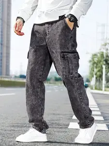 Men's Solid Flap Pocket Cargo Jeans, Loose Casual Street Fashion Denim Pants for Daily Wear, Men's Trousers for All Seasons, Streetwear