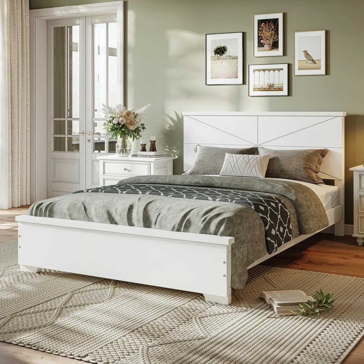 Full Size Bamboo Nordic Platform Bed Frame with Chic White Headboard Design, Modern Low Profile, Wood Slats Support, Assembly Required