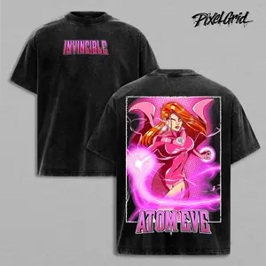 Invincible Atom Eve Graphic T-Shirt Washed Oversized T-Shirt, Vintage Style Superhero Shirt with Retro Comic Tee Vibes, Pink Neon Artwork Design for Comic Lover, Casual Streetwear Fit Top for Men and Women