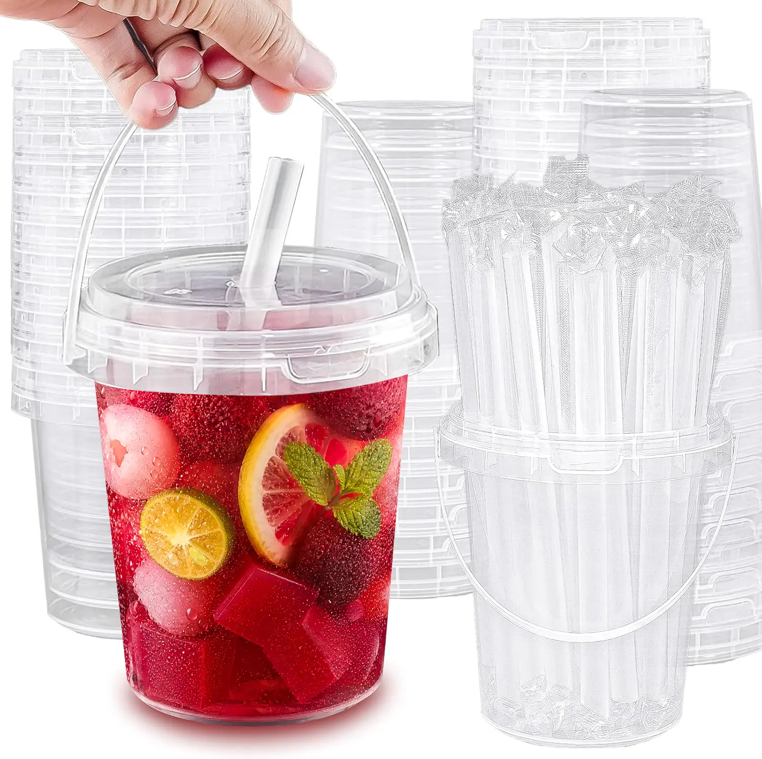 Disposable Plastic Drink Buckets with Lids, Straws & Clip-Ons (15-Pack, 30-Pack, 34oz) - Food-Safe, Lightweight, Transparent, Leak-Proof Portable Cups with Portable Handle for Hot/Cold Drinks, Smoothies, Bonfire, Parties, Outdoor Events